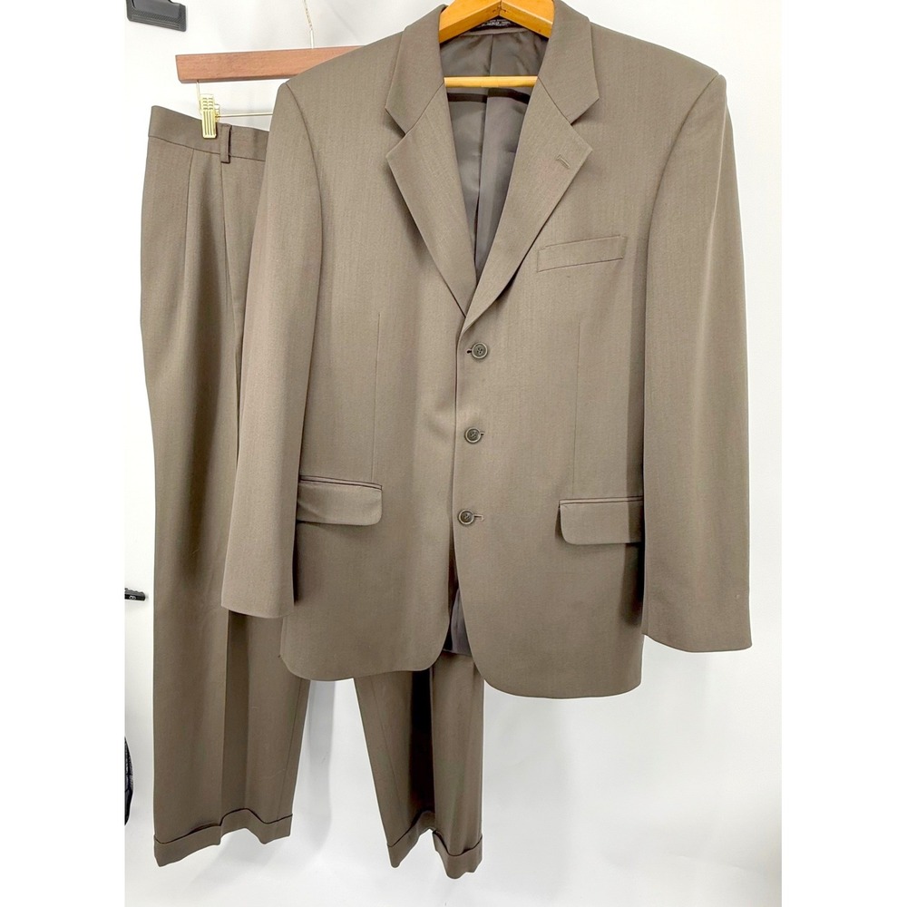 Nipon Gold Mens 44R Wool Blend 3 Button Suit Olive Brown Pleated Cuffed 33x30